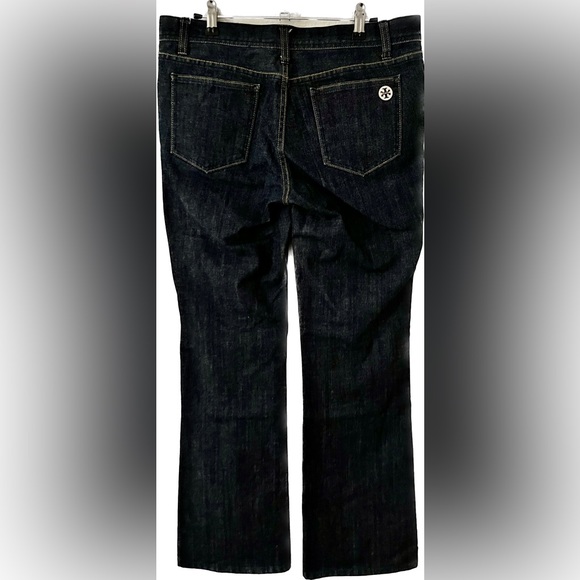 Tory Burch Denim Mid Rise Boot Leg Jean with Gold Trimming - Picture 2 of 6